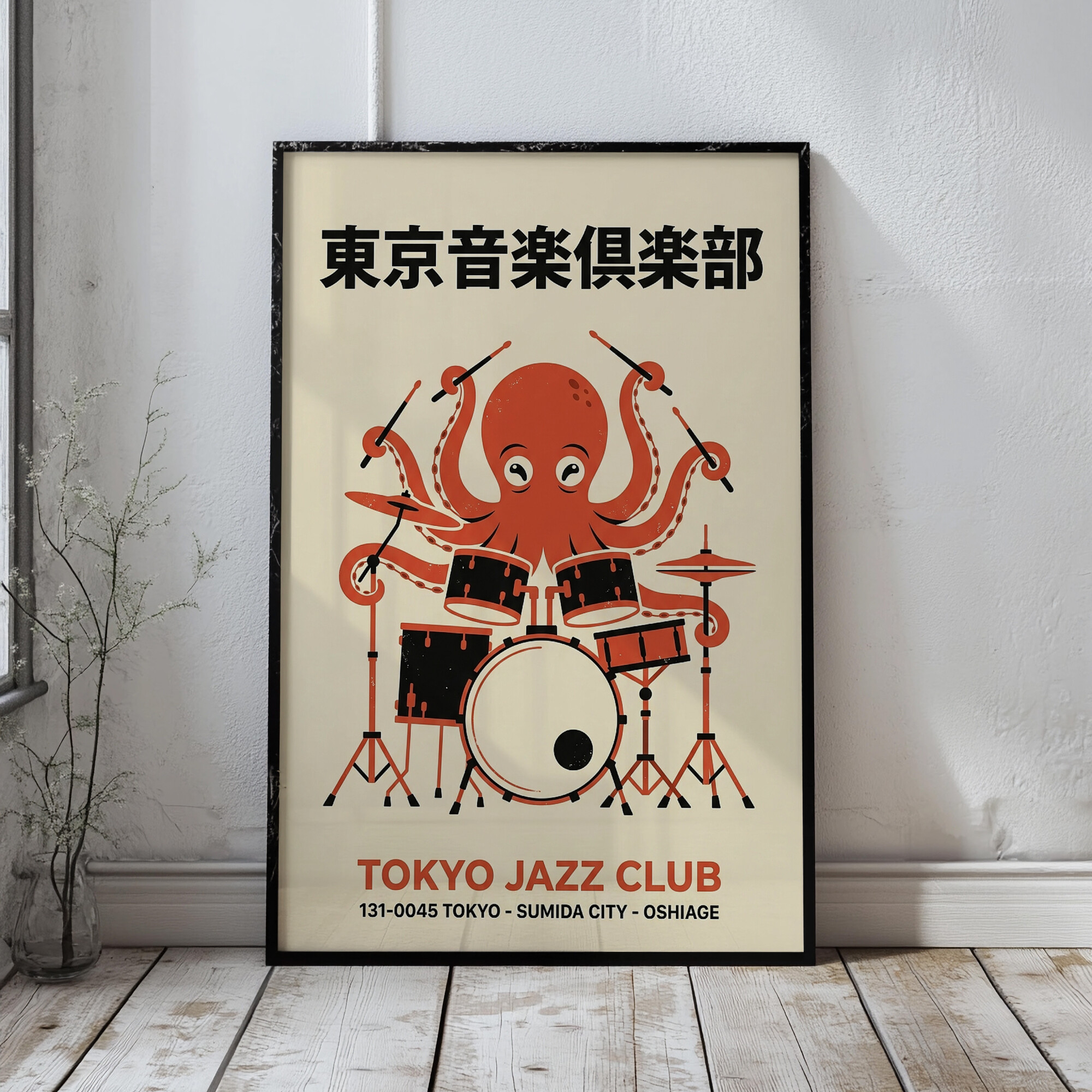 Tokyo Jazz Club Octopus Drummer Poster Mid-Century Retro