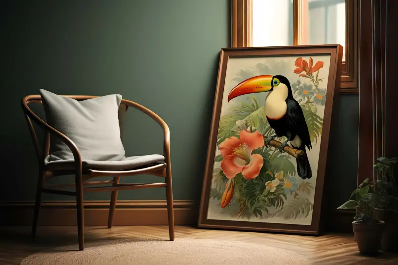 Toucan Painting Wall Art, Jungle Decor Poster, Tropical Bird Art Print, Framed Artwork, Digital Download