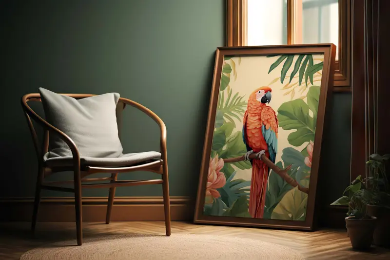 Parrot on Monstera Leaf Poster, Tropical Wall Art, Boho Home Decor, Green Bird Print