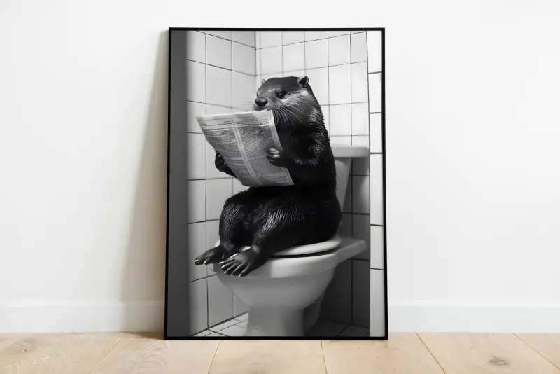 Beaver Reading on Toilet Poster, Funny Bathroom Decor, Black and White Animal Art Print