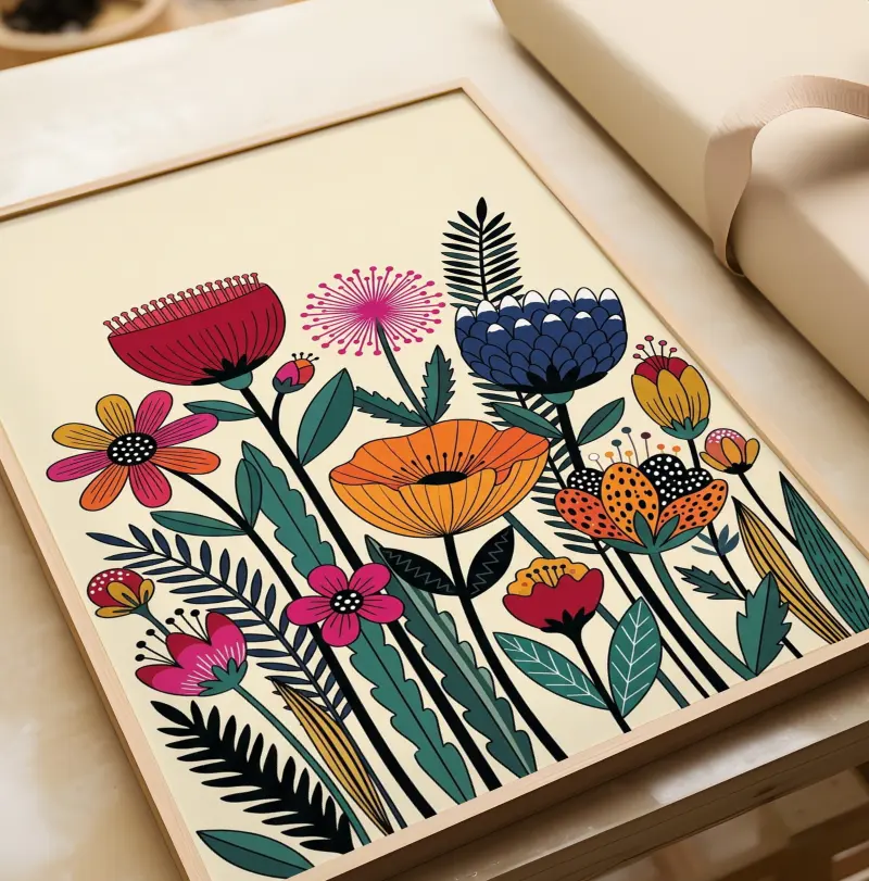 Flower Line Art Print, Minimalist Wall Decor, Naive Floral Poster, Modern Abstract Artwork