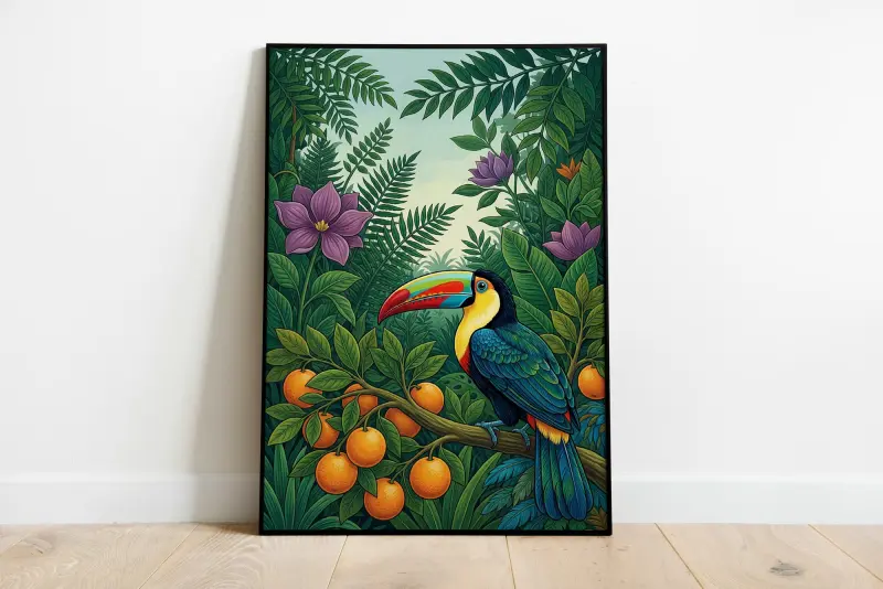Toucan in Jungle Art Print, Rousseau Style Wall Art, Tropical Bird Poster, Naive Painting