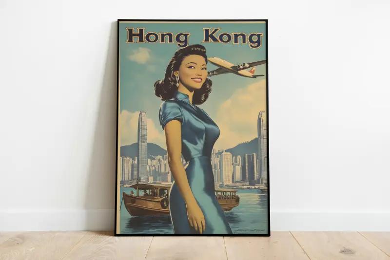 Vintage Hong Kong Travel Poster, Asian Woman Art Print, Retro Flight Attendant Wall Decor