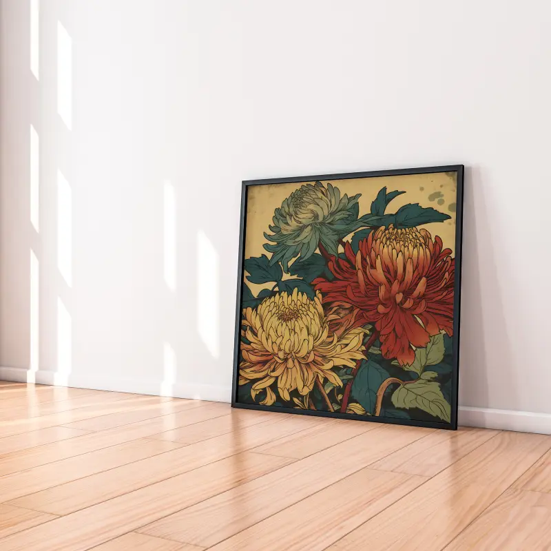 Japanese Vintage Flower Print, Square Botanical Wall Art, Asian Home Decor, Framed Poster or Digital Download