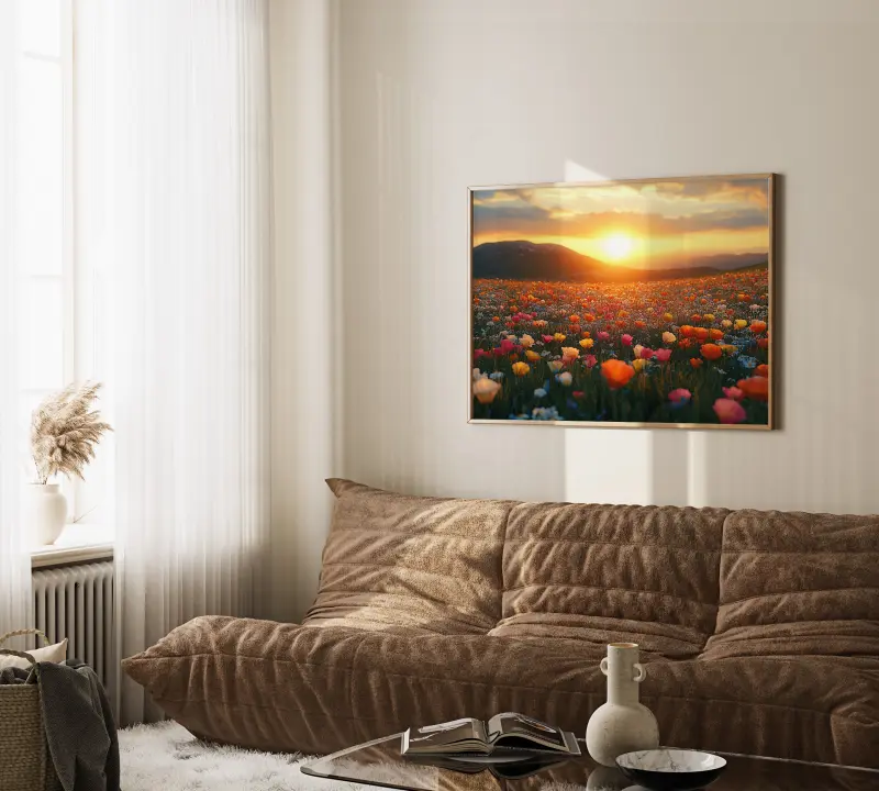Sunset over Flower Field Print, Colorful Landscape Wall Art, Nature Photography Poster