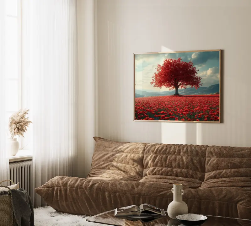 Red Tree in Poppy Field Canvas Print, Abstract Landscape Wall Art, Nature Artwork for Living Room
