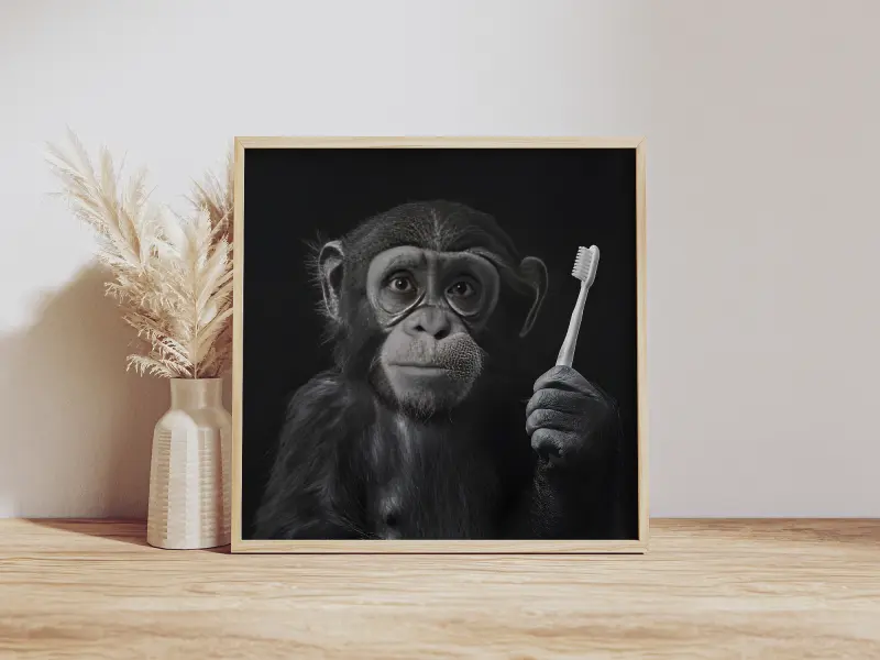 Funny Monkey Poster with Toothbrush, Bathroom Wall Art, Toilet Decor, Modern Animal Print