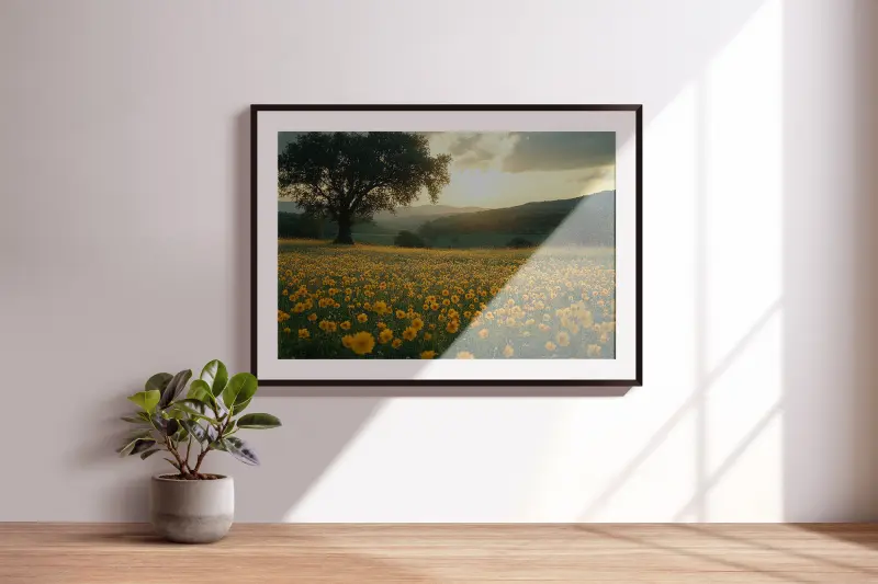 Flower Field Countryside Print, Landscape Wall Art, Nature Poster, Summer Living Room Decor, Wildflower Art