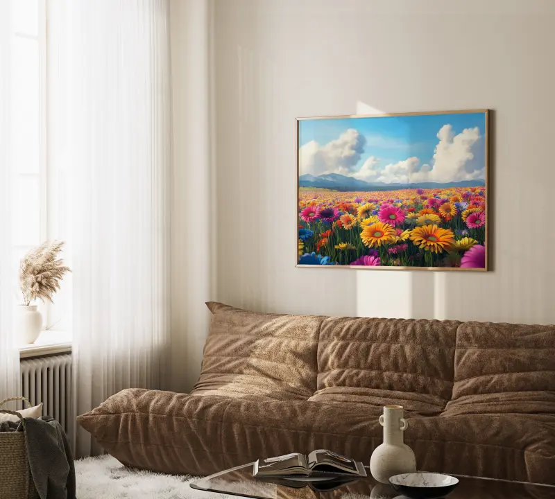 Realistic Gerbera Field Art Print, Colorful Flower Meadow Wall Decor, Digital Download