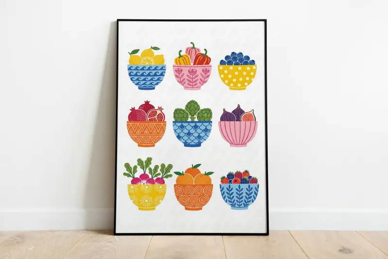 Poster Fruit Basket for Dining Room, Kitchen Art with Lemons and Oranges, Fruit Baskets Drawings