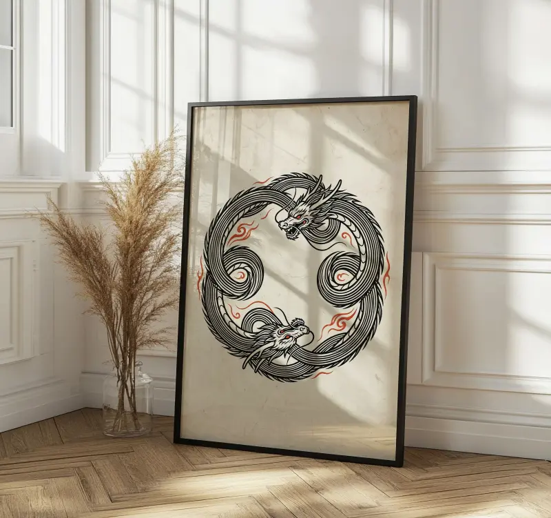 Kakejiku Scroll Tiger Art, Japanese Ink Painting, Enso Circle Talisman for Dojo, Meditation Room Wall Art