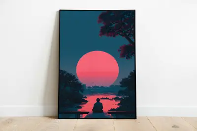 Hiroshi Nagai Style Art Print, Nostalgic Album Cover, Japanese City Pop Wall Art, Moonrise Poster