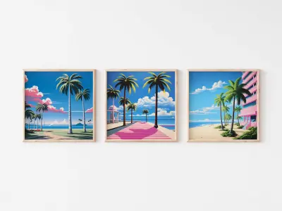 Palm Tree Poster Set of 3 in Hiroshi Nagai Style, Japanese Wall Art, 80s City Pop Decor