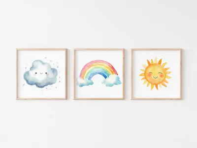 Nursery Poster Set of 3, Watercolour Cloud Rainbow Sun, Baby Room Decor, Kids Wall Art Print