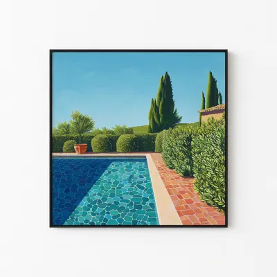 Swimming Pool Painting Original Art, Summer Landscape Wall Decor, Garden and Bushes