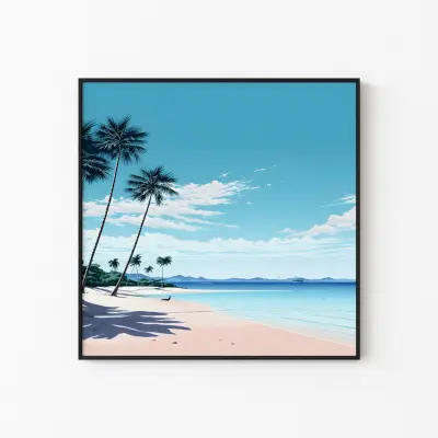 Serene Beach Poster with Palm Trees and Turquoise Water | Coastal Wall Art for Living Room | Tropical Ocean Print