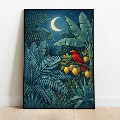 Jungle Nocturne Art Print in Rousseau Style, Naïve Art Wall Decor with Scarlet Bird