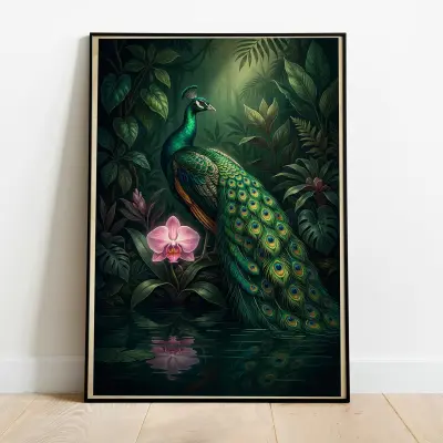 Peacock Print Dark Botanical Wall Art, Moody Tropical Jungle Decor, Exotic Bird Illustration