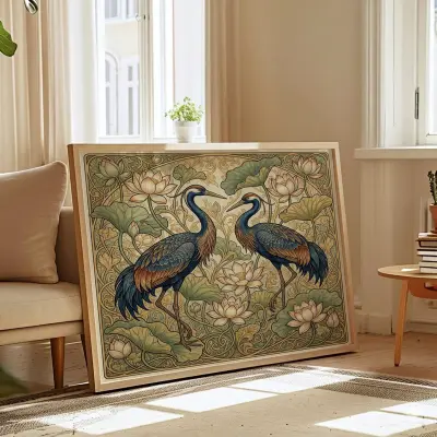 Art Nouveau Crane Print with Lotus Flowers, Arts and Crafts Style Wall Art