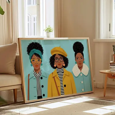 Three Women Art Print in Mid Century Style, Graphic Illustration, Teal Wall Decor