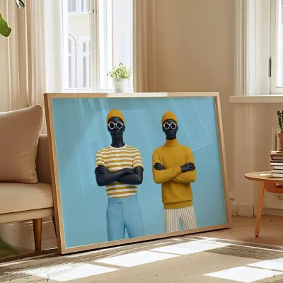 Minimalist Art Print Two Figures, Contemporary Wall Decor, Graphic Poster in Mustard & Blue