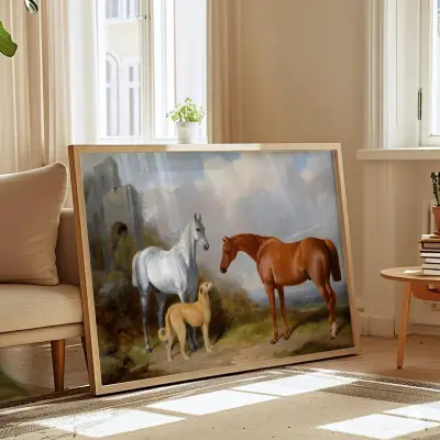 Vintage Horse Painting by William Barraud, Deerhound in Meadow, Farmhouse Wall Art, Printable Animal Portrait