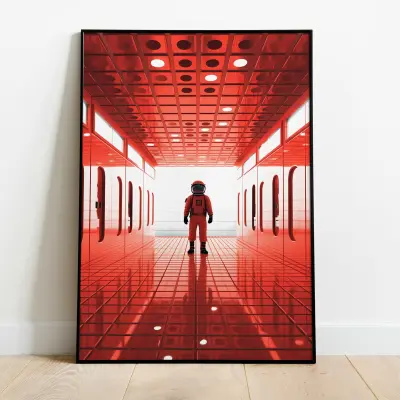 Red Astronaut Poster, 2001 Space Odyssey Style, Sci-Fi Wall Art, Retro Movie Print