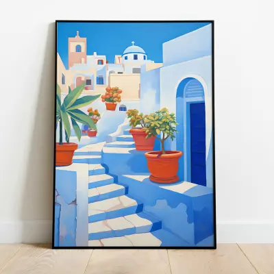 Santorini Print Greece Wall Art, Oia Travel Poster, Blue Domes Photography, Aegean Sea Decor