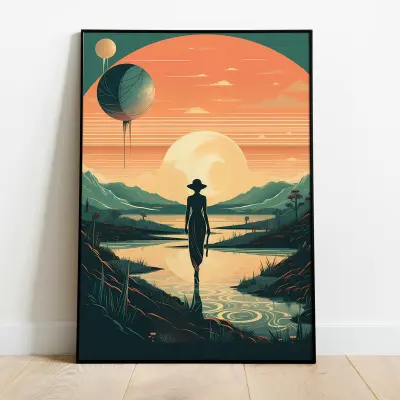 Retro Futurism Sci-Fi Poster, Lady on Saturn Vintage Space Art, Cosmic Wall Decor