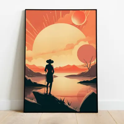 Saturn Lakeside Art Deco Print, Future Retro Wall Decor, Vintage Style Sci-Fi Poster
