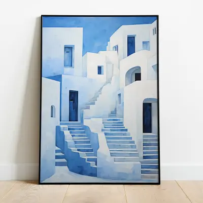 Greece Poster Santorini Wall Art, Blue and White Greek Island Print, Mediterranean Home Decor