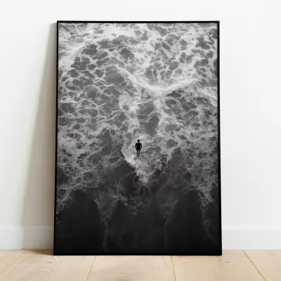 Black and White Poster Standing in Waves, Ocean Photography Print, Minimalist Wall Art, Coastal Home Decor