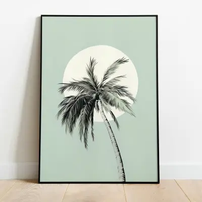 Modern Boho Palm Tree Lithograph Print, Pastel Blue Minimalist Wall Art Decor