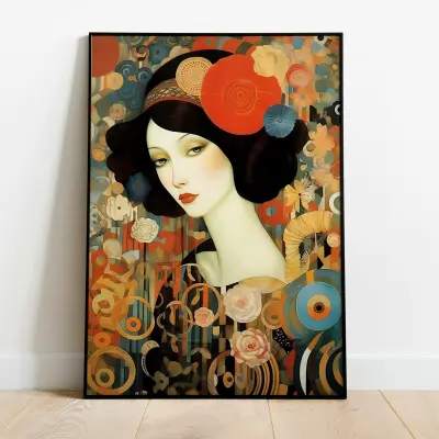Klimt Picasso Fusion Art Print, Aristocratic Lady Portrait, Abstract Cubist Wall Decor