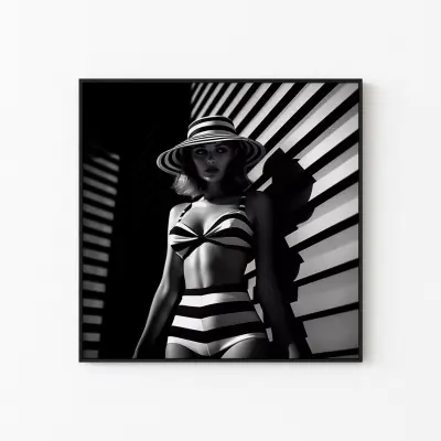 70s Photography Print, Stripe Bikini Woman Poster, Retro Wall Art, Vintage Beach House Decor