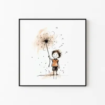 Boy Holding Dandelion Art Print, Nursery Wall Decor, Cute Kids Room Poster, Whimsical Children's Illustration