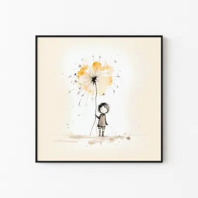 Girl with Dandelion Poster, Nursery Wall Art Print, Kids Room Decor Drawing