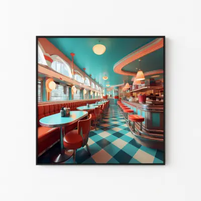 1950s American Diner Poster Blue, Retro Wall Art Print, Vintage Nostalgic Decor