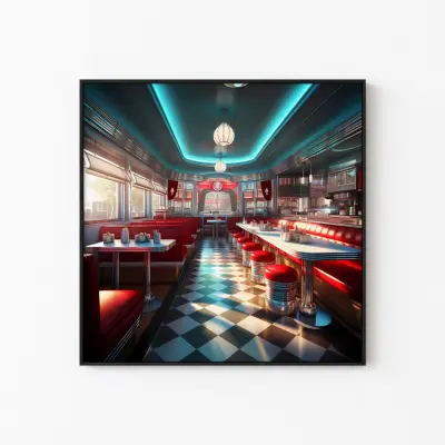 1950s Diner Poster, Retro Photography Print, Red and Blue Vintage Wall Art Decor