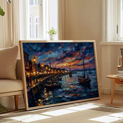 Post-Impressionist Harbor Oil Painting, Dusk Seascape Wall Art, Original Textured Impasto Artwork