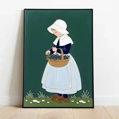Girl with Berries Ceramic Tile, Dutch Folk Art Style Wall Decor, Rustic Accent