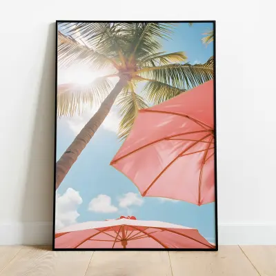 Palm Trees and Pink Beach Umbrellas Art Print, Tropical Wall Art, Coastal Poster Decor