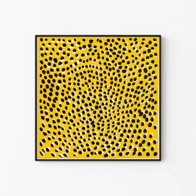 Japanese Wall Art Abstract Print Black White Dots on Yellow Modern Poster Decor