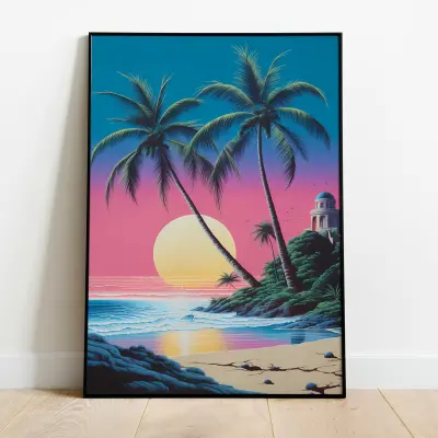 Hiroshi Nagai Style Art Print, Palm Tree Beach Poster, Tropical Wall Decor, 80s City Pop Aesthetic