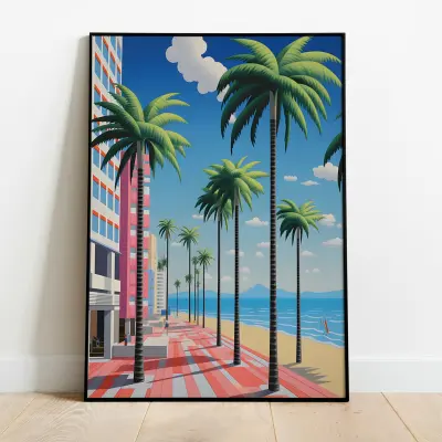 Hiroshi Nagai Style Pop Art Print Miami Beach Palm Trees Wall Art 80s Retro Poster