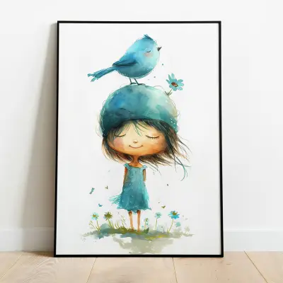 Girl with Bird Art Print, Printable Poster, Botanical Wall Art, Vertical Digital Download