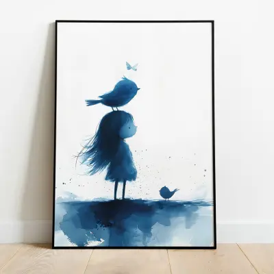 Girl and Birds Art Print Watercolor Poster Nursery Wall Art Kids Room Decor