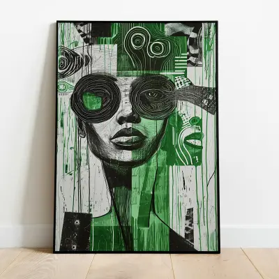 Abstract Art Print of Woman in Green, Futuristic Wall Art, Modern Black Poster Decor