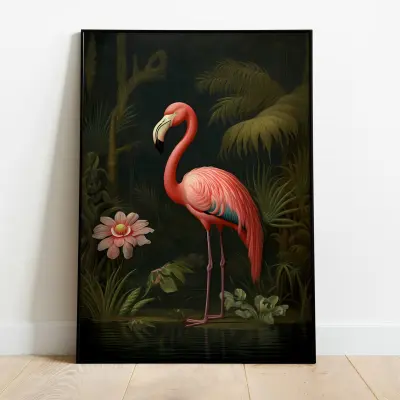 Pink Flamingo Art Print, Botanical Poster, Jungle Wall Art, Maximalist Living Room Decor
