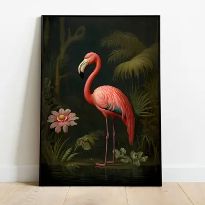 Flamingo Art Print, Pink Botanical Poster, Large Jungle Wall Art for Living Room, Maximalist Decor